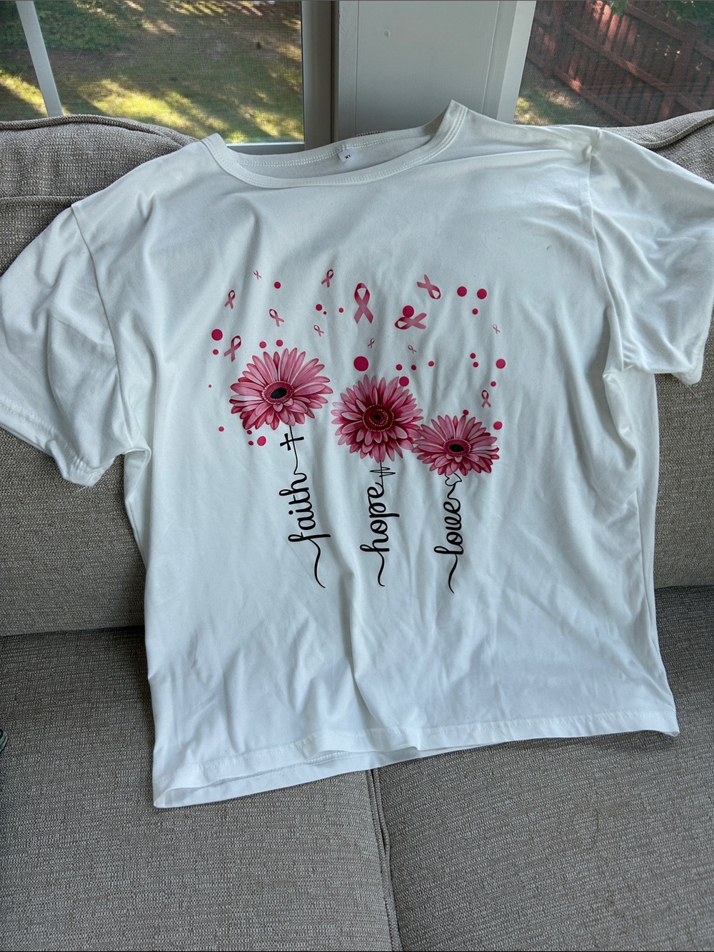 Women’s White Short Sleeve Tee with Pink Floral ‘Faith Hope Love’ Graphic